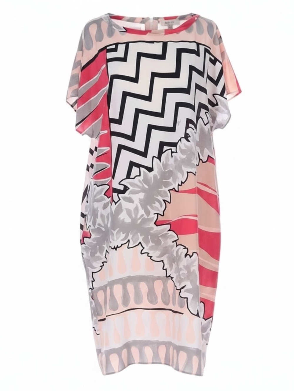 Emilio Pucci Pink White Gray Sheer Silk Tropical Print Mini Kaftan Dress 46 12